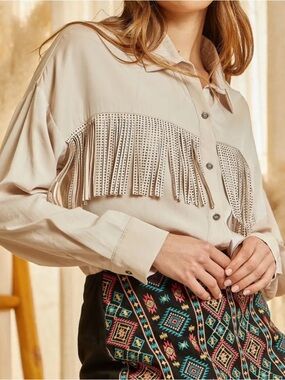 Savanna Jane Embellished Fringe Button Down Top